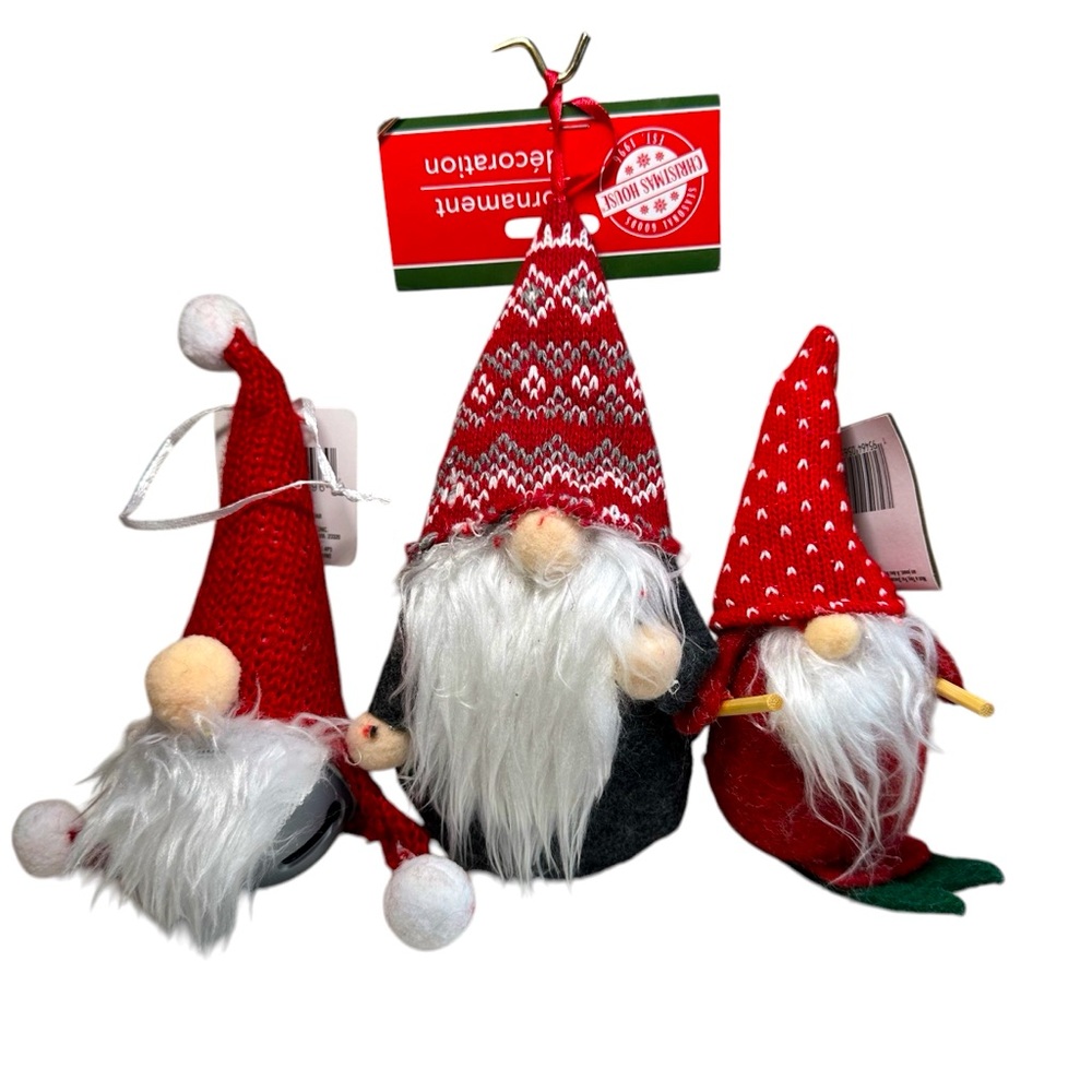Christmas Gnome Tree Ornaments Bundle - Skiing, Bell, & Single Gnome - NWT